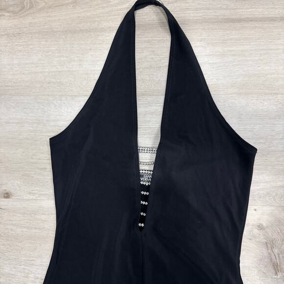 Gianni Versace Couture Y2K Black Halter Evening Gown Rhinestone Side Slit Dress - Picture 3 of 15